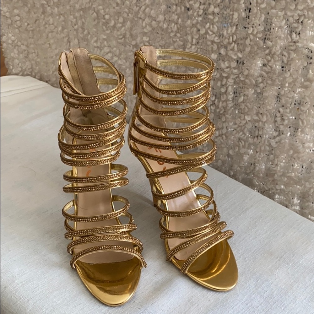 FSJ Gold Cage Stiletto’s with Gold Crystals